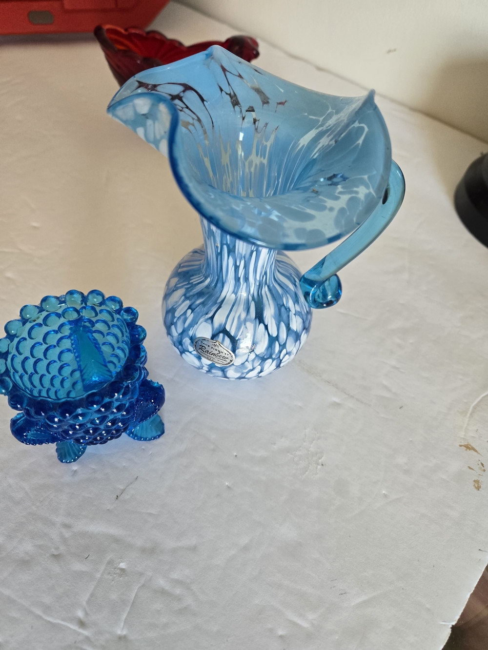 Kanawha Vase 23/4"& 5" Rainbiw Handblown Blue Art Glass Pitcher White Spatter